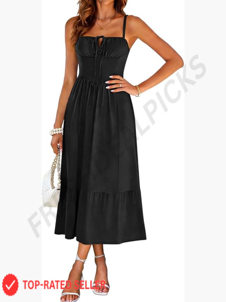 Midi Sundress With Pockets Flattering Tie Neck Spaghetti Strap A-Line